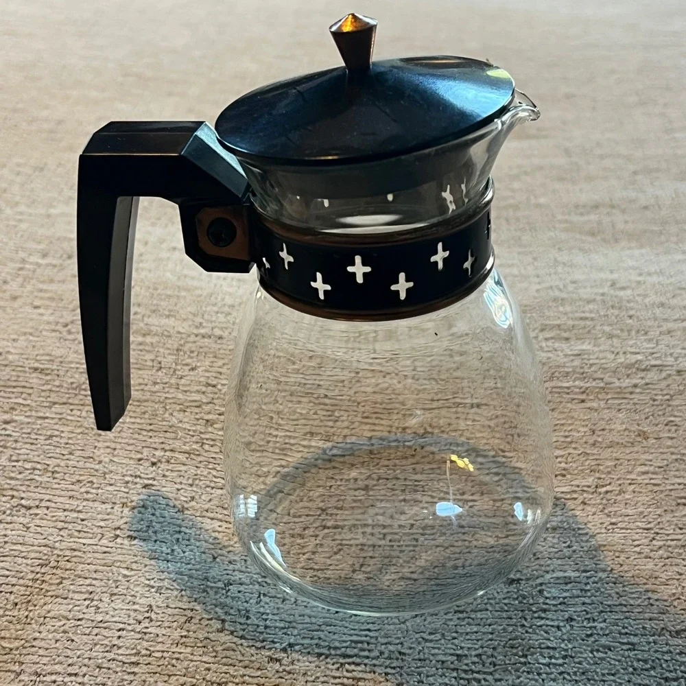 Vintage Mid Century Modern Coffee Carafe and 2 Candle Warmers Atomic Cross Black